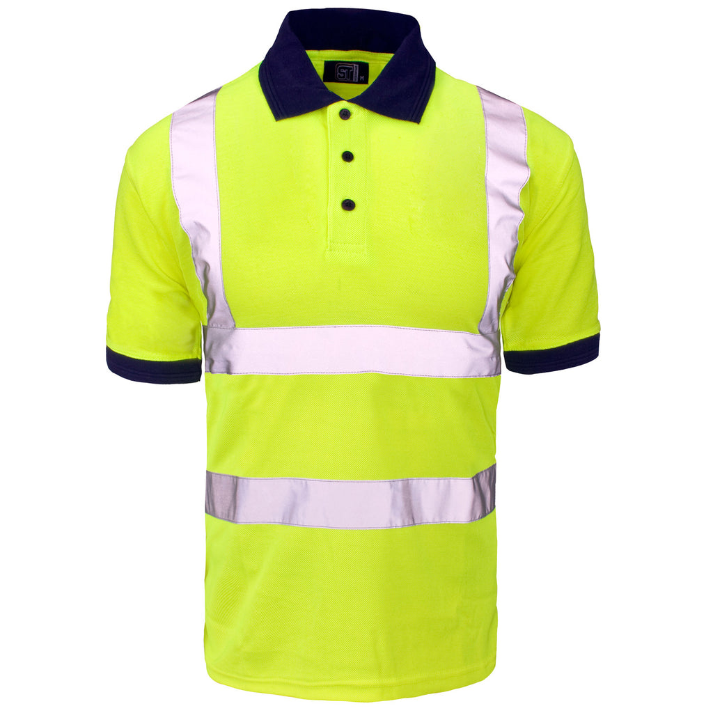 Supertouch Hi Vis Piqué Polo Shirt Navy Collar- Yellow - Worklayers